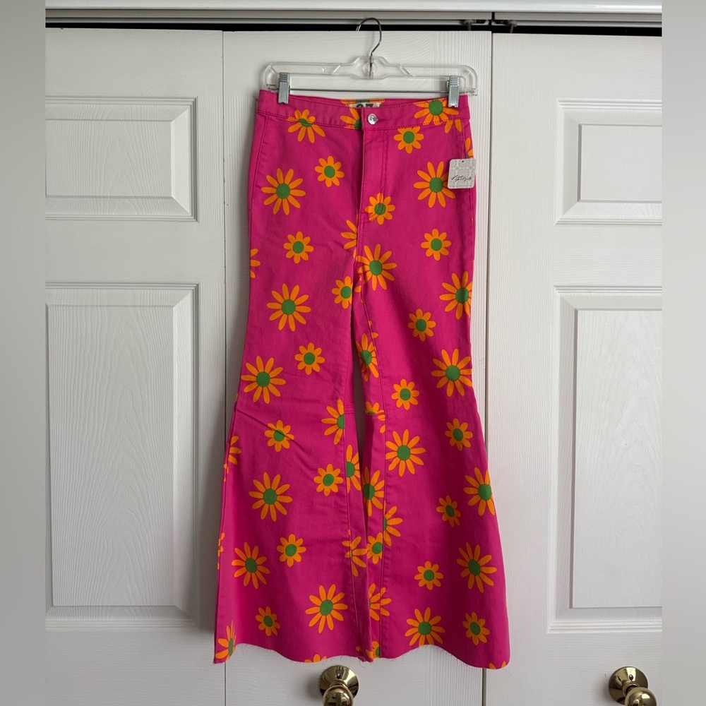 Free People Pink Daisy Flared Jeans
